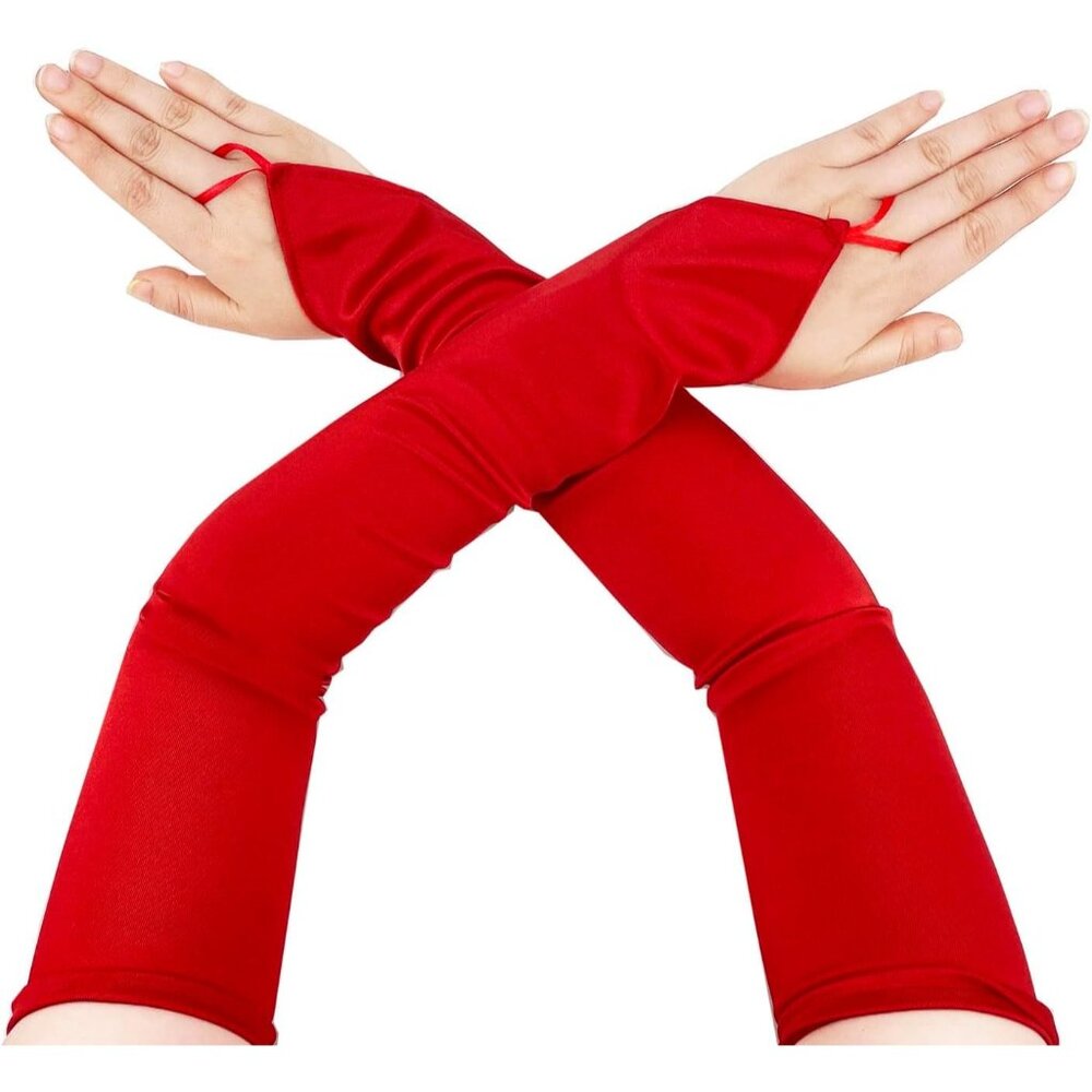 Women's Red Stretchy Finger Loop Fingerless Satin Elbow Length Opera Gloves